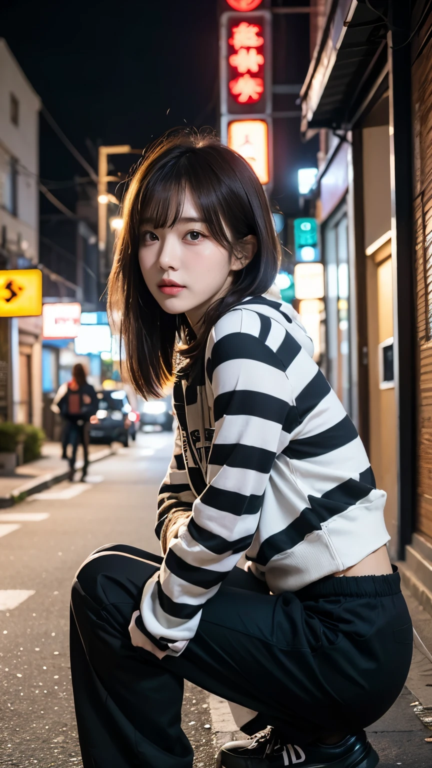 18-year-old,Korean women,Crouching down and looking at me,(((Dirty neon street at night))),(((Facing forward))),(((Frowning,カメラをGlaring))),(Very fine eye), (((Wearing a black hoodie,Wearing baggy pants))),(((Collapsing Building))),(((old buildings))),((photograph)),((A woman near a garbage dump)),(((Fabric Shading))), (((highest quality))), (((masterpiece))) strong girl, ((((Realistic)))), I have a card,Black Hair, chic hairstyle, ((With bangs,Straight medium bob cut, nice hair)), Light makeup,Red eyes, (((I&#39;m not wearing lipstick))), (nice, strong), (((Strong night atmosphere))), Centered Images, Looking at the camera, Elegant colors,Realistic Skin,Realistic texture,８k,whole body,Pale skin, (((Dirty garbage dump))),A huge amount of trash,Red iris,Expressionless,Glaring,Perfect Face,(((Big eyes))),He is wearing baggy black pants with wide white stripes.,Mouth closed, portrait of aespaのウィンター,She is wearing black streetwear, Woman in black streetwear, 黒いハイテクな服を着た女性のphotograph, Girl wearing black hoodie, Cyberpunk Streetwear, Cyberpunk Streetwear street fashion e-girl,