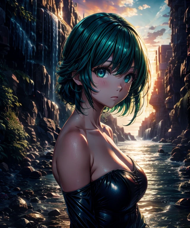 Best Quality, Masterpiece, Ultra High Resolution, (Realism: 1.4), Original Photo, 1Girl, Green Eyes, Off-the-Shoulders, Cinematic Lighting, Blue Hair, At Sunset