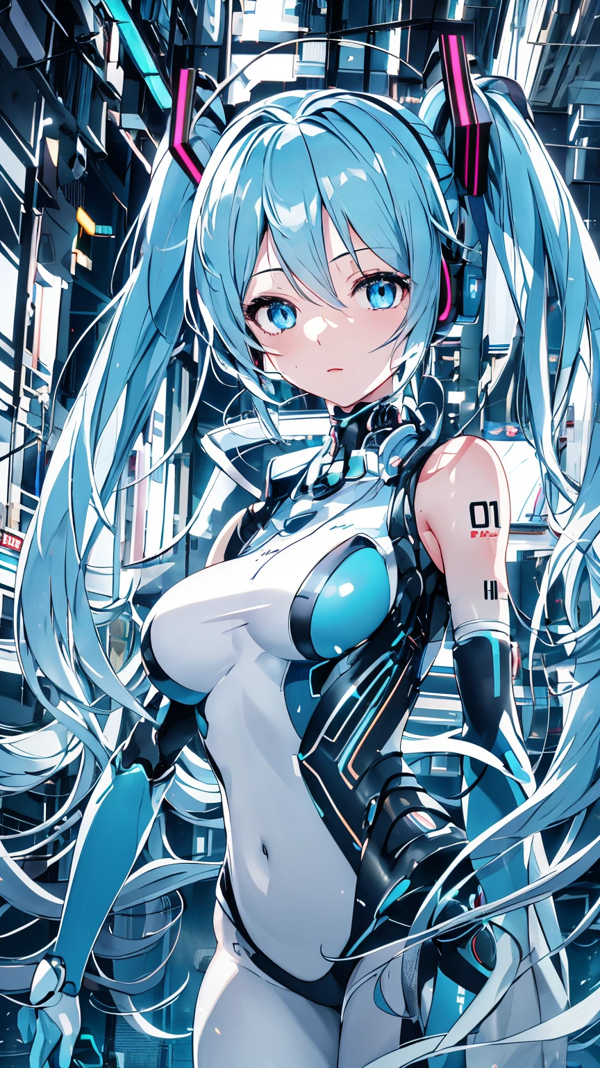 Hatsune Miku Vocaloid, Twin Tails, Light Blue Eyes, Light Blue Hair, Pichi Pichi Bodysuit, Cyber punk, Ultimate Physical Beauty, Beautiful Eyes, Big Breasts, 8K CG, Top Quality, Best Image Quality,