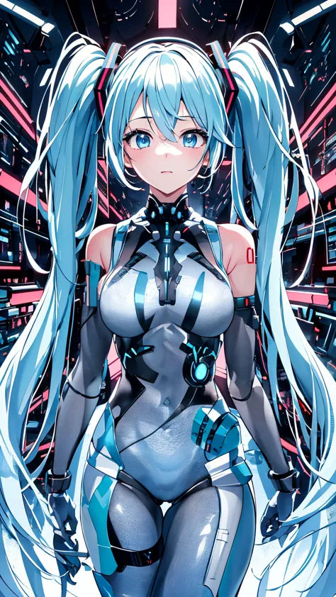 hatsune miku vocaloid, twin tails, light blue eyes, light blue hair, pichi pichi bodysuit, cyber punk, ultimate physical beauty,...