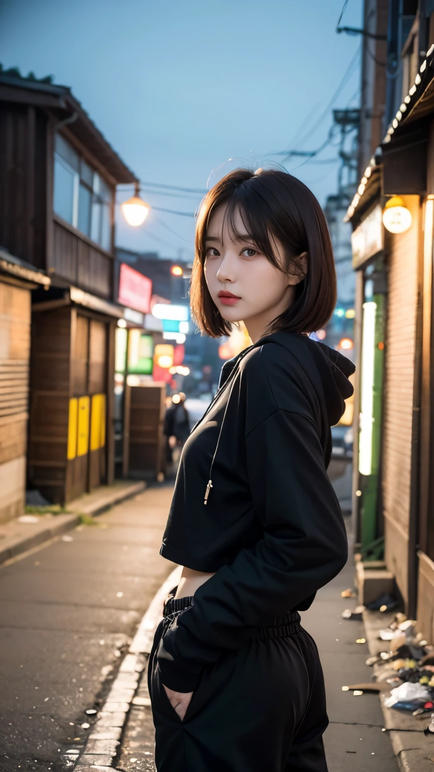 18-year-old,Korean women,Dancer on the road,(((Dirty neon street at night))),(((Facing forward))),(((Frowning,カメラをGlaring))),(Very fine eye), (((Wearing a long black hoodie,Wearing baggy pants))),(((Collapsing Building))),(((old buildings))),((photograph)),((A woman near a garbage dump)),(((Fabric Shading))), (((highest quality))), (((masterpiece))) strong girl, ((((Realistic)))), I have a card,Black Hair, chic hairstyle, ((With bangs,Straight medium bob cut, nice hair)), Light makeup,Red eyes, (((I&#39;m not wearing lipstick))), (nice, strong), (((Strong night atmosphere))), Centered Images, Looking at the camera, Elegant colors,Realistic Skin,Realistic texture,８k,whole body,Pale skin, (((Dirty garbage dump))),A huge amount of trash,Red iris,Expressionless,Glaring,Perfect Face,(((Big eyes))),She is wearing wide black baggy pants,Mouth closed, portrait of aespaのウィンター,She is wearing black streetwear, Woman in black streetwear, 黒いハイテクな服を着た女性のphotograph, Girl wearing black hoodie, Cyberpunk Streetwear, Cyberpunk Streetwear street fashion e-girl,