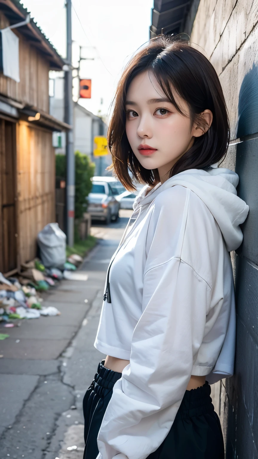 18-year-old,Korean women,((((Back alley wall,Standing in front of a wall)))),Dancer on the road,(((Dirty neon street at night))),(((Facing forward))),(((Frowning,カメラをGlaring))),(Very fine eye), (((Wearing a long black hoodie,Wearing baggy pants))),(((Collapsing Building))),(((old buildings))),((photograph)),((A woman near a garbage dump)),(((Fabric Shading))), (((highest quality))), (((masterpiece))) strong girl, ((((Realistic)))), I have a card,Black Hair, chic hairstyle, ((With bangs,Straight medium bob cut, nice hair)), Light makeup,Red eyes, (((I&#39;m not wearing lipstick))), (nice, strong), (((Strong night atmosphere))), Centered Images, Looking at the camera, Elegant colors,Realistic Skin,Realistic texture,８k,whole body,Pale skin, (((Dirty garbage dump))),A huge amount of trash,Red iris,Expressionless,Glaring,Perfect Face,(((Big eyes))),She is wearing wide black baggy pants,Mouth closed, portrait of aespaのウィンター,She is wearing black streetwear, Woman in black streetwear, 黒いハイテクな服を着た女性のphotograph, Girl wearing black hoodie, Cyberpunk Streetwear, Cyberpunk Streetwear street fashion e-girl,