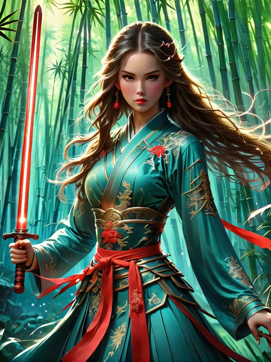 (Female swordsman:1.5), (swordsman), solo, Holding a glowing sword, dress, Red ribbon, Jewelry, wind, Long sleeve, Long hair, Hair accessories, tassel, Looking at the audience, lifelike, bamboo forest, Chinese architecture, (dramatic, Tenacity, vehement:1.4), Crazy details, Intricate details, Ultra Detailed, super quality, masterpiece, Best quality, 8K