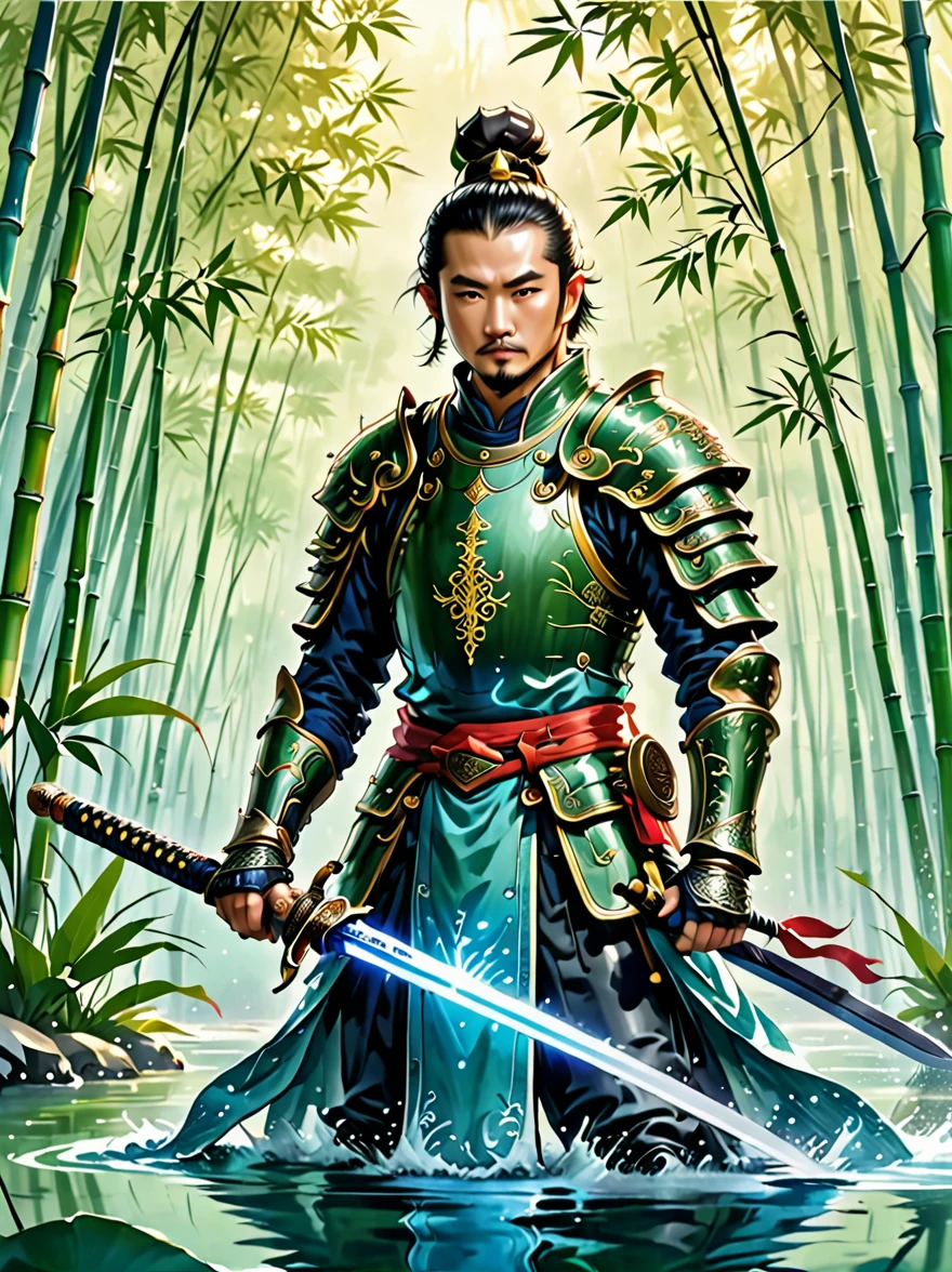 Ink Painting, Male swordsman on water, Wearing exquisite Chinese Tang Dynasty Ming Guang armor, Behind is a bamboo forest, Long Sword, landscape, Ultra HD resolution, Freehand style, majestic, Natural light, Swordsman Focus