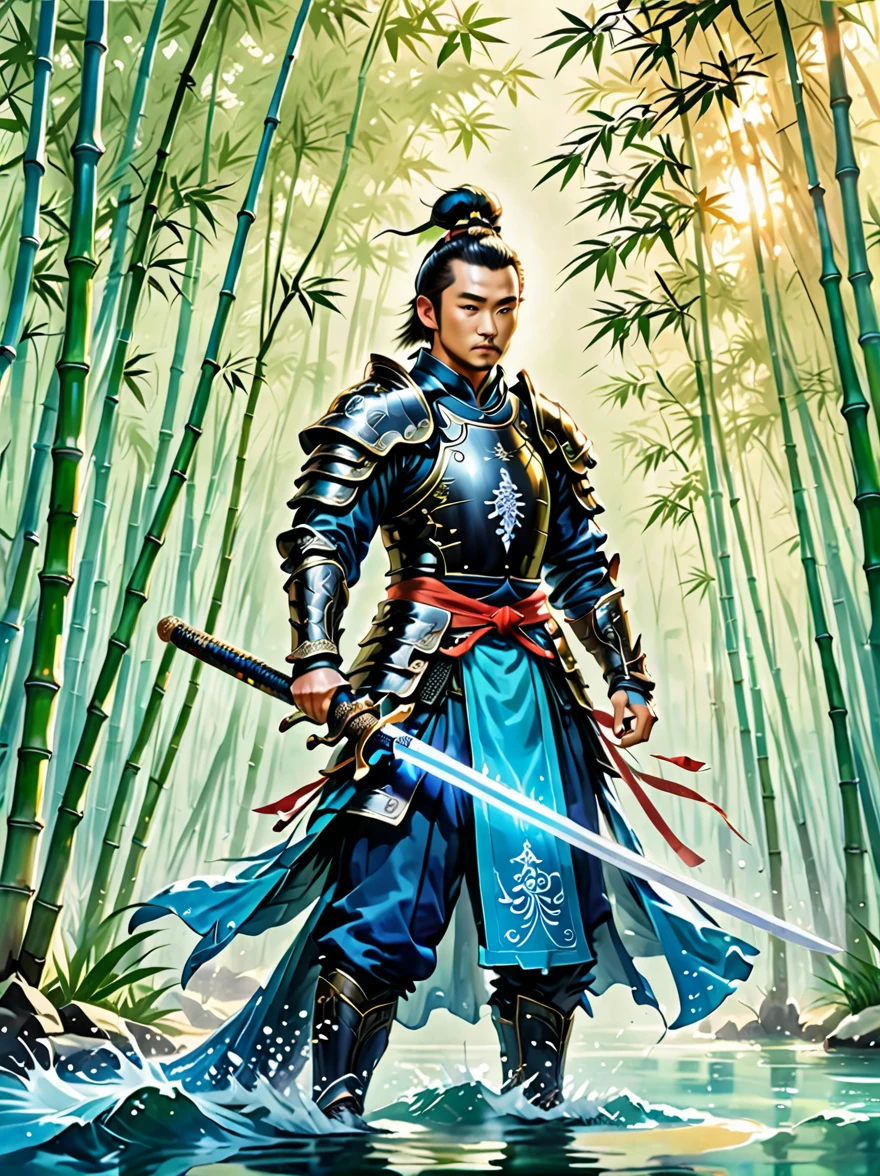 Pintura en tinta, Espadachín masculino en el agua, Vistiendo una exquisita armadura Ming Guang de la dinastía Tang china, Detrás hay un bosque de bambú., espada larga, paisaje, Resolución Ultra HD, estilo a mano alzada, majestuoso, luz natural, Enfoque de Espadachín