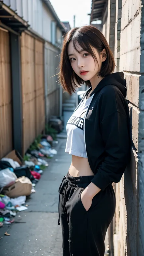 18-year-old,Korean women,((((Back alley wall,Standing in front of a wall)))),(((Dirty neon street at night))),(((Facing forward)...