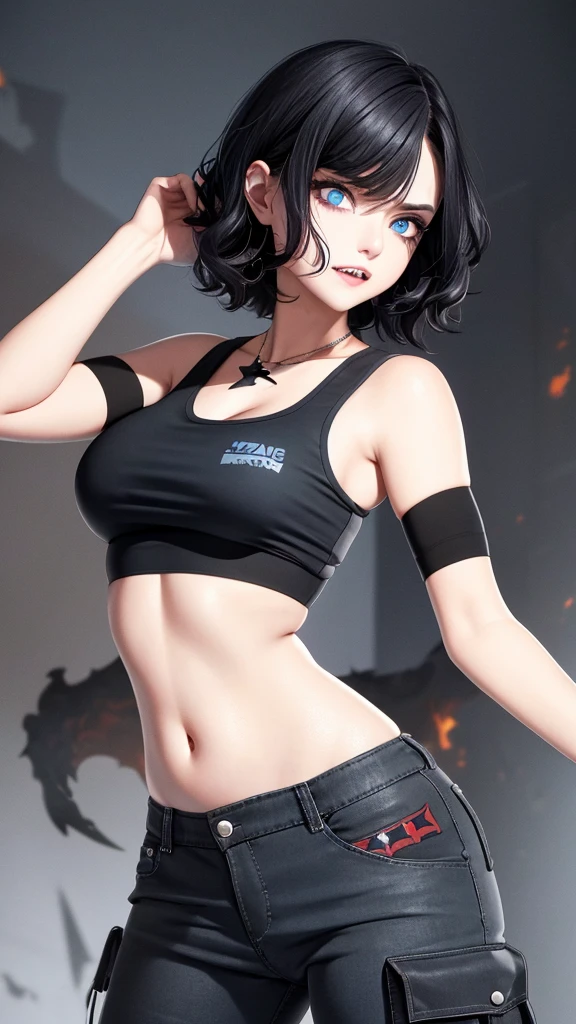 perfect face, short wavy black hair color, sharp eyes, dark blue eyeballs, solo, zombie, sharp teeth and fangs, sharp claws light blue on middle of her chest, black crop top and cargo pants color, profile picture, building destroyed background. 