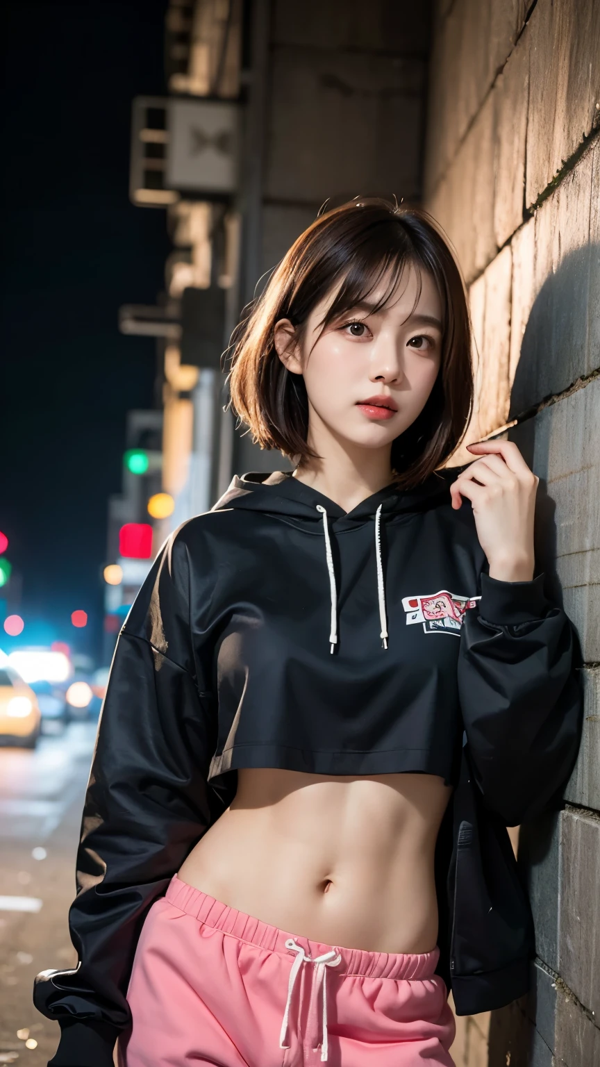 18-year-old,Korean women,((((Standing in front of a wall)))),(((Dirty neon street at night))),(((Facing forward))),(((Frowning,カメラをGlaring))),(Very fine eye),((I can't see my stomach)), (((Wearing a long black down jacket,Wearing baggy pants))),(((Collapsing Building))),(((old buildings))),((photograph)),((A woman near a garbage dump)),(((Fabric Shading))), (((highest quality))), (((masterpiece))) strong girl, ((((Realistic)))), I have a card,Black Hair, chic hairstyle, ((With bangs,Straight medium bob cut, nice hair)), Light makeup,Red eyes, (((I&#39;m not wearing lipstick))), (nice, strong), (((Strong night atmosphere))), Centered Images, Looking at the camera, Realistic Skin,Realistic texture,８k,whole body,Pale skin, (((Dirty garbage dump))),A huge amount of trash,Red iris,Expressionless,Glaring,Perfect Face,(((Big eyes))),Wide black baggy pants,Mouth closed, portrait of aespaのウィンター,She is wearing black streetwear, Woman in black streetwear, 黒いハイテクな服を着た女性のphotograph, Girl wearing black hoodie, Cyberpunk Streetwear, Cyberpunk Streetwear street fashion e-girl,