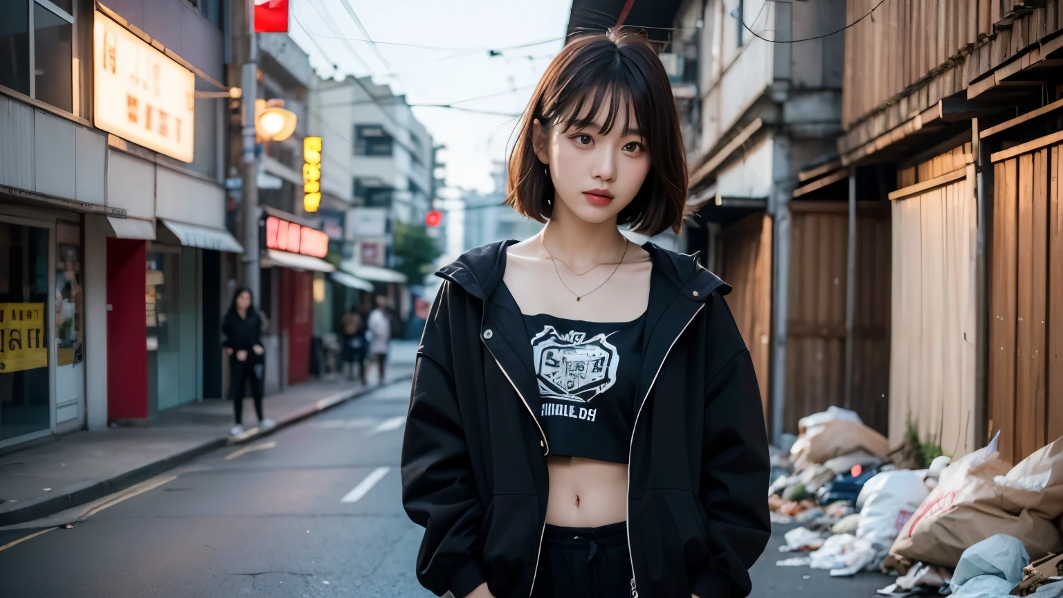 18-year-old,Korean women,((((Standing in front of a wall)))),(((Dirty neon street at night))),(((Facing forward))),(((Frowning,カメラをGlaring))),(Very fine eye),((I can't see my stomach)), (((Wearing a long black down jacket,Wearing baggy pants))),(((Collapsing Building))),(((old buildings))),((photograph)),((A woman near a garbage dump)),(((Fabric Shading))), (((highest quality))), (((masterpiece))) strong girl, ((((Realistic)))), I have a card,Black Hair, chic hairstyle, ((With bangs,Straight medium bob cut, nice hair)), Light makeup,Red eyes, (((I&#39;m not wearing lipstick))), (nice, strong), (((Strong night atmosphere))), Centered Images, Looking at the camera, Realistic Skin,Realistic texture,８k,whole body,Pale skin, (((Dirty garbage dump))),A huge amount of trash,Red iris,Expressionless,Glaring,Perfect Face,(((Big eyes))),Wide black baggy pants,Mouth closed, portrait of aespaのウィンター,She is wearing black streetwear, Woman in black streetwear, 黒いハイテクな服を着た女性のphotograph, Girl wearing black hoodie, Cyberpunk Streetwear, Cyberpunk Streetwear street fashion e-girl,