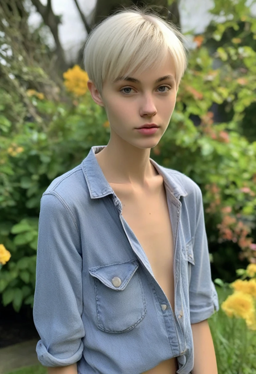  (realistic photography),solo, Shot to the knees,(Skinny:1.3) (lively facial features), beautiful year old girl,short, Cute girl, solo, Shot to the knees,(Skinny:1.3),Aesthetic work of art,blond ultra short hair,vertically challenged , doesn&#39;t wear, perfect proportions, full length photo, Very beautiful, Very thin body, ,  in the garden behind the house, posing, pout, looking straight into the camera,High detail, sharp focus (natural light),, , hyper detail