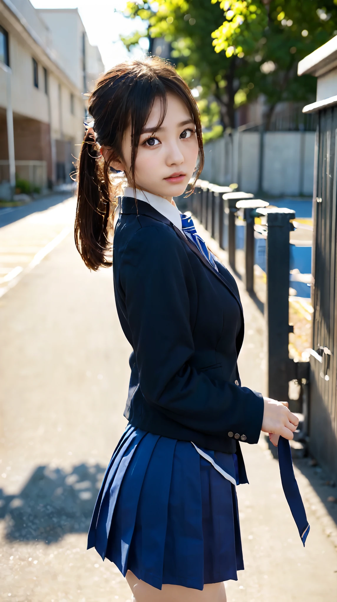 pretty girl, 16 years old, Cityscape, Dark brown hair,Ponytail hairstyle, Beautiful well-groomed eyes、((double eyelid))、 (((school uniform、blazer、Long-sleeved shirts worn by Japanese high school girls、Ribbon tie、Dark blue mini skirt,、Dark blue socks、Black Loafers))), (Clear Face), (Detailed facial depiction), (Detailed eyes)、Thin clavicle、((Slender))、((A proper idol))、((school gate、Schoolyard、With the school building in the background))、(Take photos from random perspectives)、Drawing the whole body from the knees、Don&#39;t draw thin lines、(((Sports bags popular among Japanese female students)))、(Big big breasts with big drooping:1.2)、Big toned buttocks、bare hands、(((Symmetrical eyes)))、Standing pose、Please do not remove the tie from the jacket、Lift your butt:1.5，Official Art，Highly detailed CG Unity 8k wallpaper, (masterpiece:1.0),(highest quality:1.0), photo shoot, 8k, Browsing Caution, High resolution, Kodak Portrait 400, Film Grain, Lens flare brilliance,View your viewers