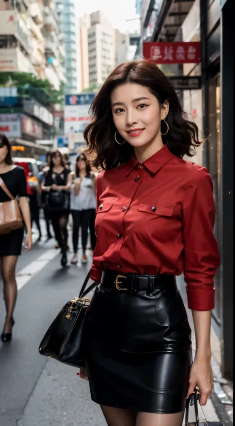 high quality，High-definition quality，8k，A woman stands on the street in Hong Kong，Carrying a black Hermès bag，shoulder-length bl...