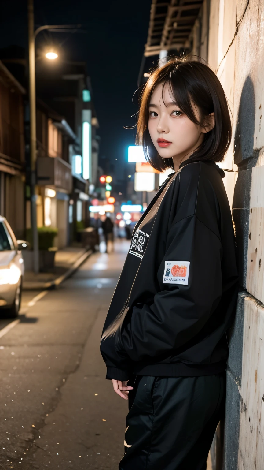 18-year-old,Korean women,((((Standing in front of a wall)))),(((Dirty neon street at night))),(((Facing forward))),(((Frowning,カメラをGlaring))),(Very fine eye),((I can't see my stomach)), (((Wearing a long black down jacket,Wearing baggy pants))),(((Collapsing Building))),(((old buildings))),((photograph)),((A woman near a garbage dump)),(((Fabric Shading))), (((highest quality))), (((masterpiece))) strong girl, ((((Realistic)))), I have a card,Black Hair, chic hairstyle, ((With bangs,Straight medium bob cut, nice hair)), Light makeup,Red eyes, (((I&#39;m not wearing lipstick))), (nice, strong), (((Strong night atmosphere))), Centered Images, Looking at the camera, Realistic Skin,Realistic texture,８k,whole body,Pale skin, (((Dirty garbage dump))),A huge amount of trash,Red iris,Expressionless,Glaring,Perfect Face,(((Big eyes))),Wide black baggy pants,Mouth closed, portrait of aespaのウィンター,She is wearing black streetwear, Woman in black streetwear, 黒いハイテクな服を着た女性のphotograph, Girl wearing black hoodie, Cyberpunk Streetwear, Cyberpunk Streetwear street fashion e-girl,