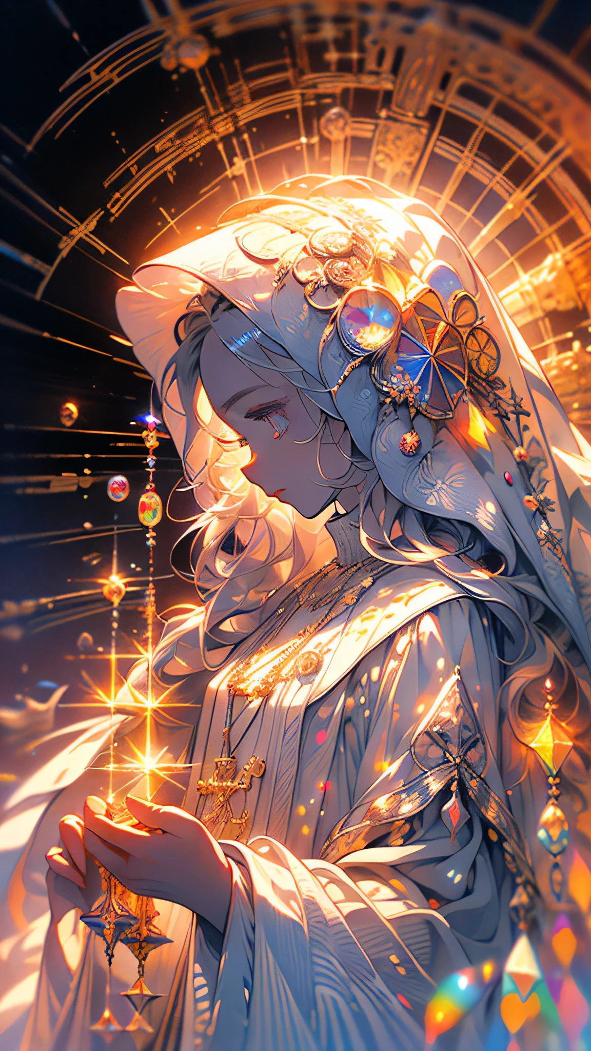 (masterpiece, highest quality, highest quality, Official Art, beautifully、aesthetic:1.2), (One girl), Very detailed, (Fractal Art:1.3), colorful, Most detailed, Perfect Face, Upper Body, High resolution, (pray:1.3), (White cloak, golden lines:1.2), Milky Way, (Streaks of Light), Impressive visuals, (Dynamic stripes, Light trail:1.2), Vibrant colors,