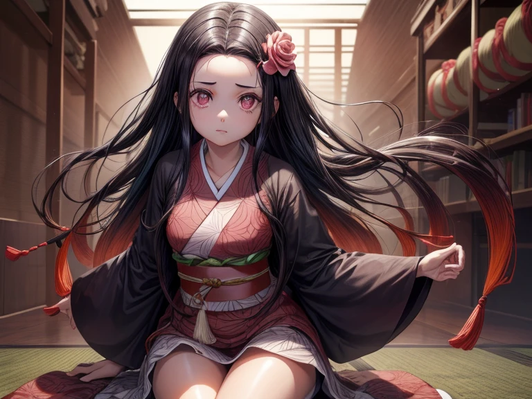 Nezukokamado, Nezuko Kamado, bamboo, (bit clamp:1.5), black hair, (Forehead:1.5), bite, Abitedo, hair band, Long hair, multicolored hair, (pink eyes:1.5), orange hair, cut pupils, wavy hair, Cabello bitono,
BREAK asa no ha (pattern), Checkered band, Haori, japanese clothes, kimono, long sleeves, heart, kimono rosa, wad of bills, wariza,  wide sleeves,
REST looking at the viewer,
REST indoors,
BREAK (masterpiece:1.2), The best quality, high resolution, Unity 8K Wallpaper, (illustration:0.8), (beautiful detailed eyes:1.6), extremely detailed face, perfect lighting, Extremely detailed CG, (perfect hands, Perfect anatomy),