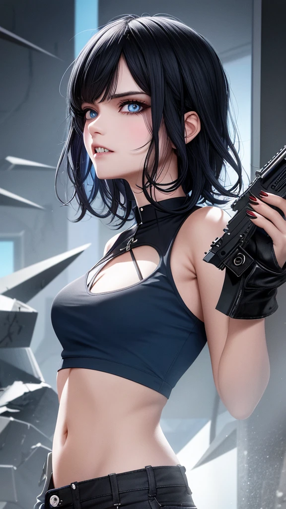 perfect face, short wavy black hair color, sharp eyes, dark blue eyeballs, solo, half zombie, sharp teeth and fangs, sharp claws, light blue crystal middle on chest, shabby black crop top, shabby dark blue cargo pants, blood on, profile picture, building destroyed background. 