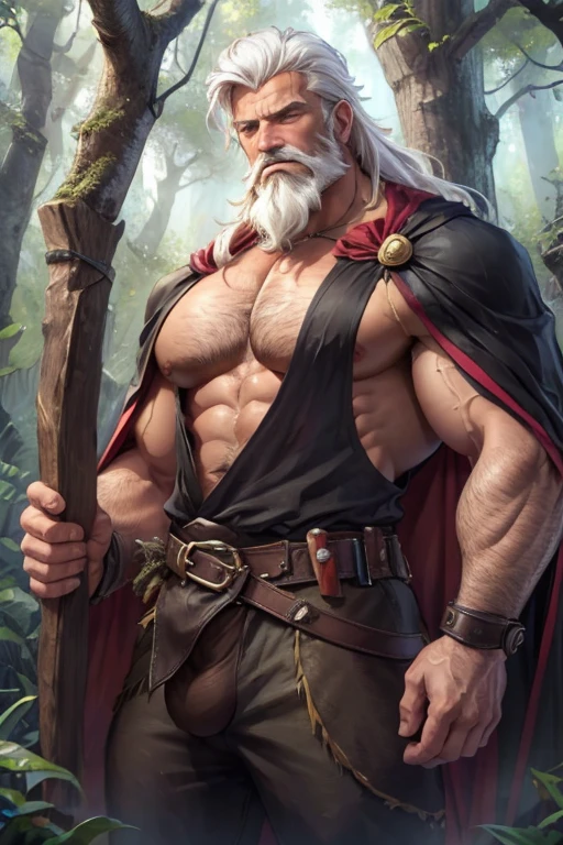 score_9, score_8_up, score_7_up, (white hair, wild messy hair, upper body, shirtless, tight clothes, stoic, serious, barbarian, warrior, gay, homoerotic, bara, yaoi, solo male, character), ((big pectorals, fantasy, forest, wilderness, bare chest, shirtless, belts, fur cape, wrinkles, beard, long hair, long beard, hairy, mature male, adult, middle aged, rugged, manly))