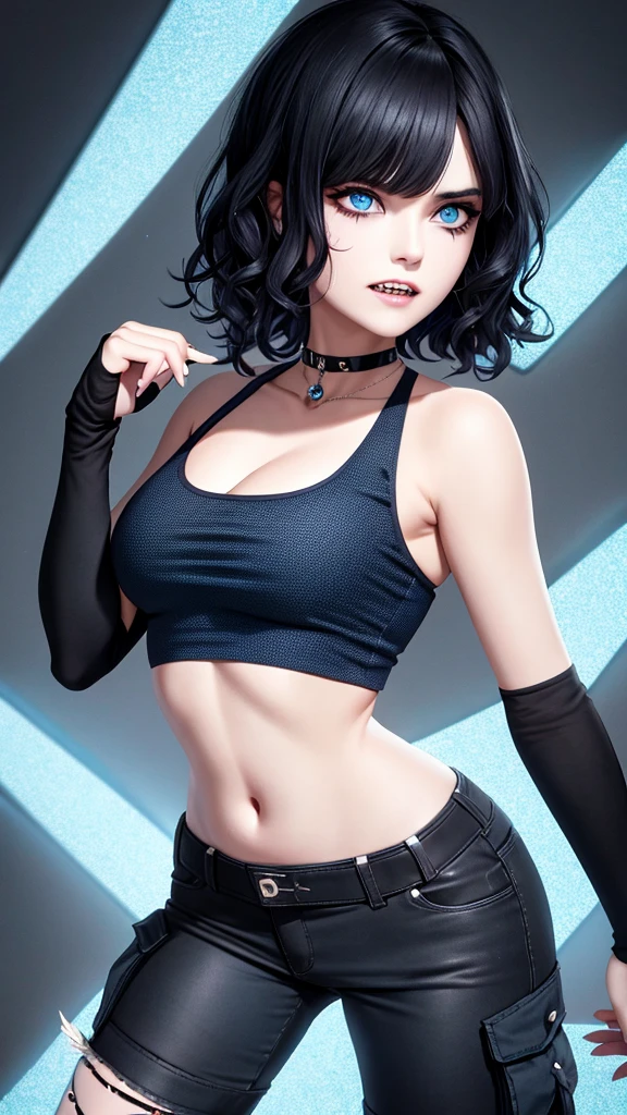 perfect face, short wavy black hair color, sharp eyes, dark blue eyeballs, solo, half zombie, sharp teeth and fangs, sharp claws, light blue crystal on chest, shabby black crop top, shabby dark blue cargo pants, blood on clothes, profile picture, building destroyed background. 