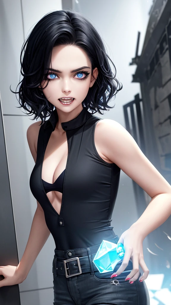 perfect face, short wavy black hair color, sharp eyes, dark blue eyeballs, solo, half zombie, sharp teeth and fangs, sharp claws, light blue crystal on chest, shabby black crop top, shabby dark blue cargo pants, blood on clothes, profile picture, building destroyed background. 