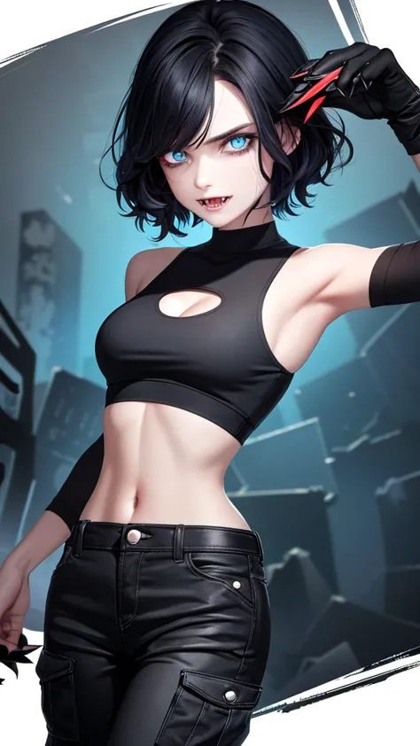 perfect face, short wavy black hair color, sharp eyes, dark blue eyeballs, solo, half zombie, sharp teeth and fangs, sharp claws...