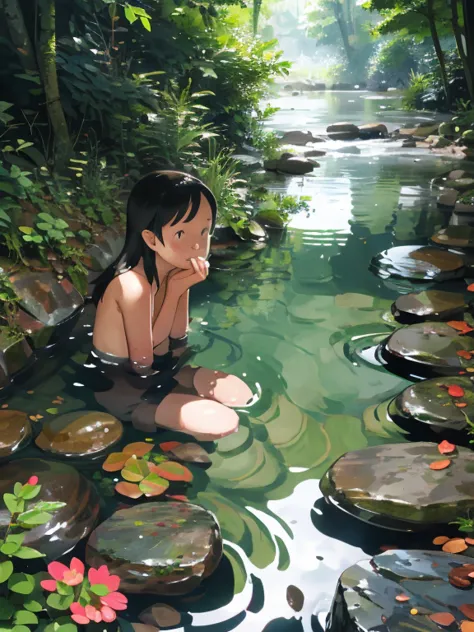 1 girl，stream，small pebbles，forest，naked，Junior high school girl，low length，，positive，Playing innocently on the riverbank，Happy，...