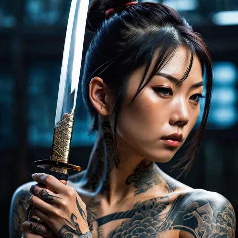 Reflective art. A beautiful Japanese woman with tattoos on her face and body in a reflective katana blade. Close-up shooting alo...