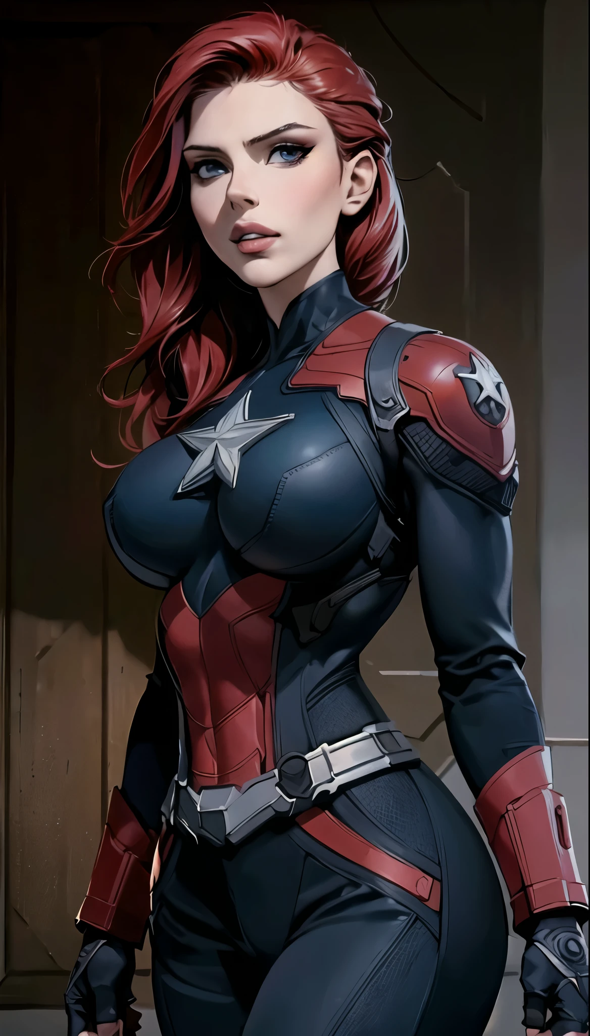 (masterpiece), (best quality), (photorealistic:1.3), 8k, detailed skin texture, detailed cloth texture, beautiful detailed face, intricate details, ultra detailed, scarlett johansson, Black Widow in the style of the Captain America, straight red hair, (full-length body:1.2), ((((massive breasts))))