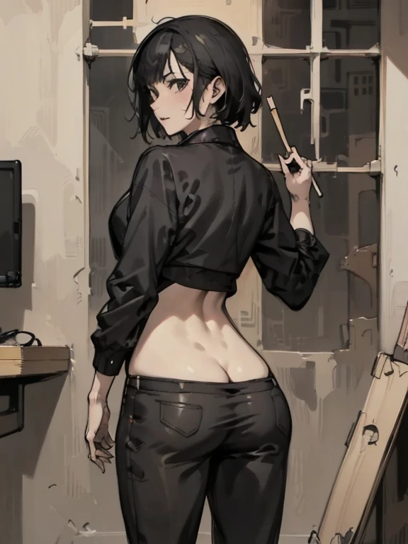 (highest quality, 8k, 32k, masterpiece, Ultra-high resolution:1.2), One girl, Beautiful Japanese Women, Tight waist, grey suit, Open jacket, office lady, suit, pants, From behind, Office Room, machine, (Stick your butt out:1.2), Detailed face, short hair, View your viewers
