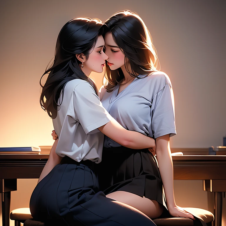 NSFW, (((masterpiece, best quality, Photo realistic))), (shiny skin), (UHD, 8K wallpaper, High resolution), Perfect anatomy, Cinematic lighting, physically-based rendering, award-winning, extremely detailed skin, extra detailed face, eyes with beautiful details, Carl Zeiss 85 mm F/1.4, (2 woman and 2 girl, couple:1.5), 2 Cute 18-year-old Japanese girls, standing in class, (long black hair, brown eyes, round face), medium breasts, wet blouse with ribbon, navy pleated Skirt lift, (noseblush, naughty, half opened eyes, drooling), spread legs, thigh focus, in the classroom, blue hour, (1 woman is a mature female teacher, a mature female teacher is hugging the girl from behind:1.5), a mature female teacher is not wearing clothing, (a mature female teacher's fingers in girl's :1.5), [full body shot], shot from below, wet kiss, lesbian kiss,