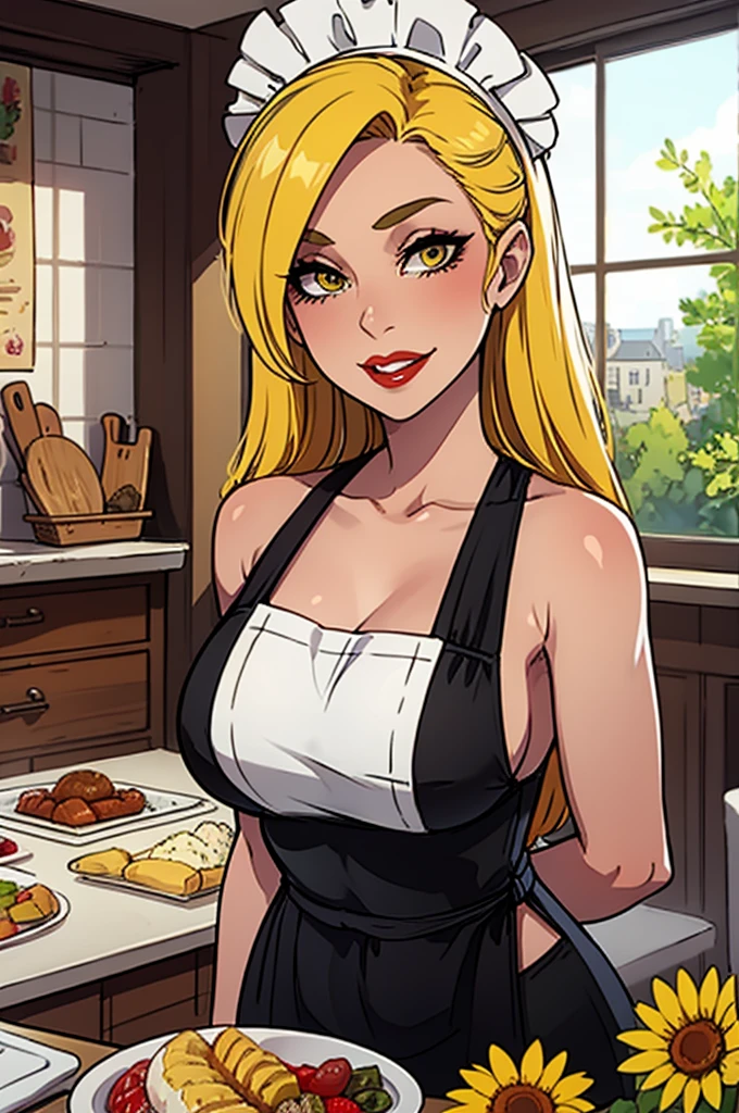 Masterpiece, best quality, 30 years old, traditional house wife, motherly figure, portrait, portrait style photo, female, olive skin, face in center of photo, arms behind back, loving expression, excited expression,no make-up, red lips, modest clothing and apron, long flowing hair, pastel yellow hair, country house kitchen setting, hazel eyes, beautiful 