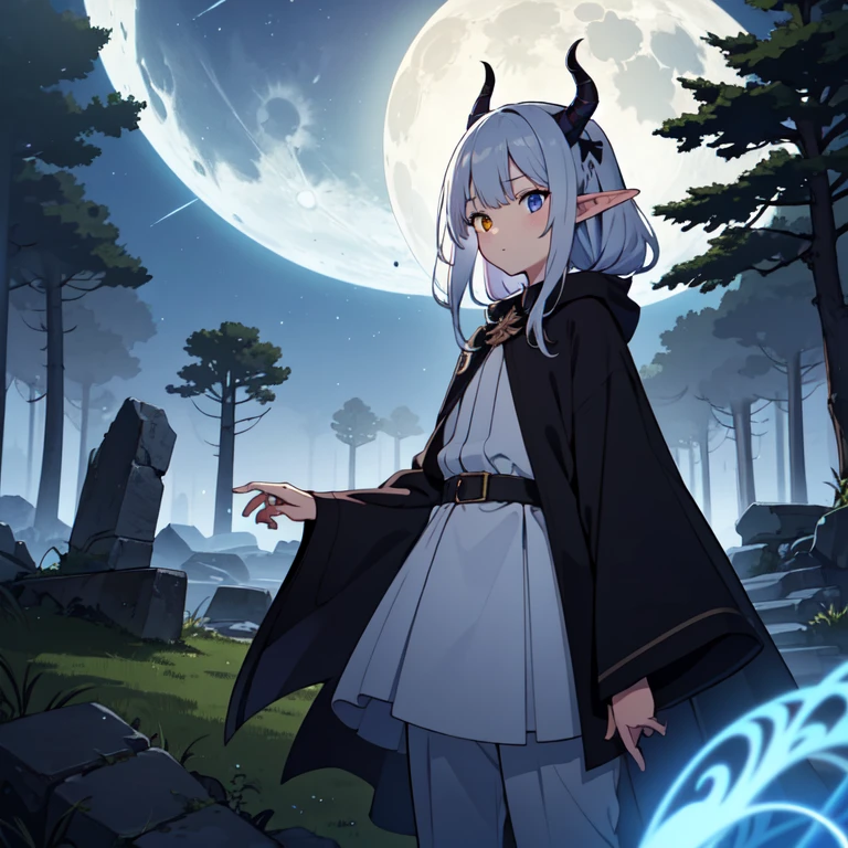 "(highest quality, High resolution), One Elven Boy, Dark blue and dark purple heterochromia, Long hair of light silver color, slacks, White shirt, Wearing a black cloak, Appears on a moonlit night, Fantasy Landscape, Mysterious atmosphere, Mysterious Light, Dreamy landscape, Ancient ruins in the background, Twinkling stars in the sky, A foggy forest surrounds the boy, A crescent moon illuminating the landscape, Quietness and peace, Evoking a sense of magic and enchantment, digital art style, Vibrant colors, The finer details, Mystical Creatures, has horns on its head, Graceful features, A symbol of mystery and elegance, Capturing the essence of the elegance and charm of the Elf boy."