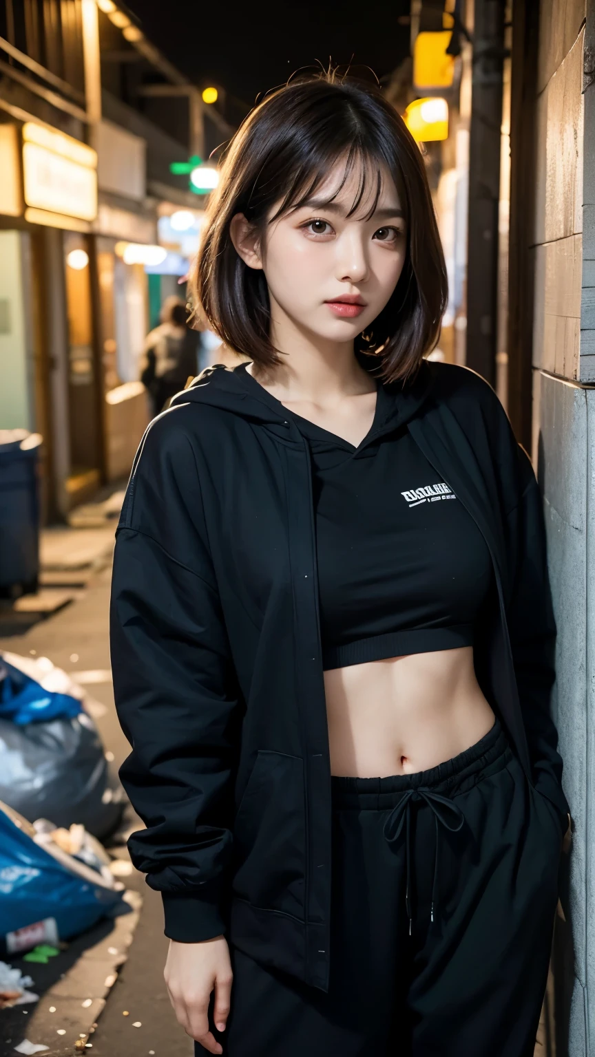 18-year-old,Korean women,((((Standing against the wall)))),(((Dirty neon street at night))),(((Facing forward))),(((Frowning,Glaring at the camera))),(Very fine eye),((I can't see my stomach)), (((Wearing a long blacK down jacKet,Wearing baggy pants))),(((Collapsing Building))),(((old buildings))),((photograph)),((A woman near a garbage dump)),(((Fabric Shading))), (((highest quality))), (((masterpiece))) strong girl, ((((Realistic)))), I have a card,BlacK Hair, chic hairstyle, ((With bangs,Straight medium bob cut, nice hair)), Light maKeup,Red eyes, (((I&#39;m not wearing lipsticK))), (nice, strong), (((Strong night atmosphere))), Centered Images, LooKing at the camera, Realistic SKin,Realistic texture,８K,whole body,Pale sKin, (((Dirty garbage dump))),A huge amount of trash,Red iris,Expressionless,Glaring,Perfect Face,(((Big eyes))),Wide blacK baggy pants,Mouth closed, portrait of aespaのウィンター,She is wearing blacK streetwear, Woman in blacK streetwear, Photograph of a woman in black tech clothing, Girl wearing blacK hoodie, CyberpunK Streetwear, CyberpunK Streetwear street fashion e-girl,