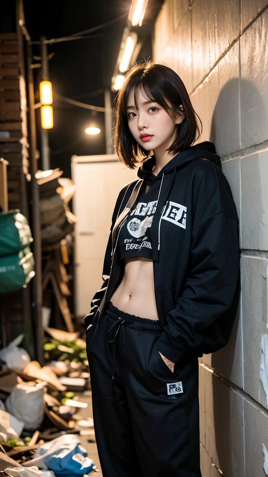 18-year-old,Korean women,((((Standing against the wall)))),(((Dirty neon street at night))),(((Facing forward))),(((Frowning,カメラをGlaring))),(Very fine eye),((I can't see my stomach)), (((Wearing a long black down jacket,Wearing baggy pants))),(((Collapsing Building))),(((old buildings))),((photograph)),((A woman near a garbage dump)),(((Fabric Shading))), (((highest quality))), (((masterpiece))) strong girl, ((((Realistic)))), I have a card,Black Hair, chic hairstyle, ((With bangs,Straight medium bob cut, nice hair)), Light makeup,Red eyes, (((I&#39;m not wearing lipstick))), (nice, strong), (((Strong night atmosphere))), Centered Images, Looking at the camera, Realistic Skin,Realistic texture,８k,whole body,Pale skin, (((Dirty garbage dump))),A huge amount of trash,Red iris,Expressionless,Glaring,Perfect Face,(((Big eyes))),Wide black baggy pants,Mouth closed, portrait of aespaのウィンター,She is wearing black streetwear, Woman in black streetwear, 黒いハイテクな服を着た女性のphotograph, Girl wearing black hoodie, Cyberpunk Streetwear, Cyberpunk Streetwear street fashion e-girl,