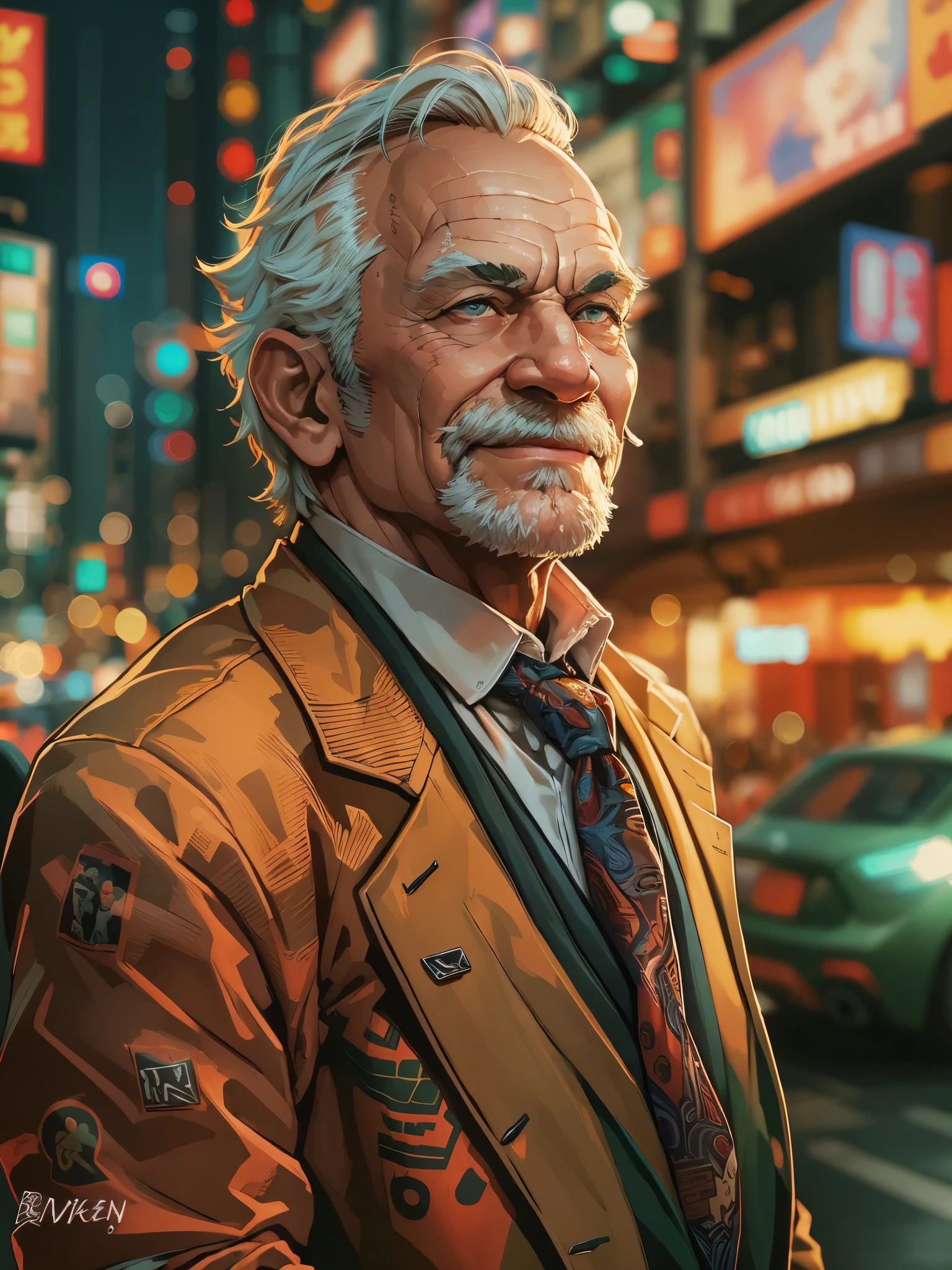 (best quality,4k,8k,highres,masterpiece:1.2),ultra-detailed,(realistic,photorealistic,photo-realistic:1.37),portrait, muscular old man, cityscape background, happy expression, autumn colors, stylish suits and ties, vector art style, mwvector, vibrant colors, warm lighting, flowing hair, elderly wrinkles, fine facial features, confident posture, bustling urban atmosphere, vibrant city lights, sharp focus, professional digital painting.