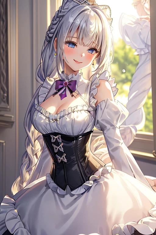 ((masterpiece 1.8)),ultra-detailed, 8K, High resolution, best quality, (stunning cg), ((1girl)), ((solo)), from front, looking at viewer, close up, ((very beautiful and cute girl)), ((16years old graceful girl)), (silver hair), (super long hair), ((fine detailed blue eyes)), 
((small bast)), ((bangs:1.2)), ((french braid:1.2)), ((slender:1.8)), jewelry, earrings, parted lips,  corset dress, high collar, bow, ((frilled sleeves:1.4)), ((tired layers skirt)), cascade ruffles, lots of ruffles, lace ruffles, (graceful smile:1.8), (goddess-like happiness:1.6), (best shadow:1.3),
(soft shadow:1.1),
(beautiful shadow:1.3),
(beautiful reflection:1.3),
(Prismatic light),
(sparkling light),
(beautiful light),
(fantastical light),
(prismatic reflection),
(soft reflection:1.3),
(natural reflection:1.2),
(blurry tone), 
(sense of depth:1.5), 