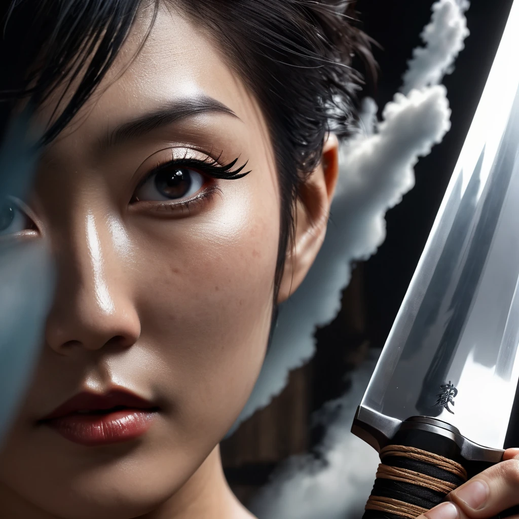 Reflective art. A beautiful Japanese woman with tattoos on her face and body in a reflective katana blade. Close-up shooting along the blade. focus on the reflection of a woman . A unique photo work worthy of winning at 35awards. The background is blurred. A masterpiece . perfect composition, beautiful detailed intricate insanely detailed octane render