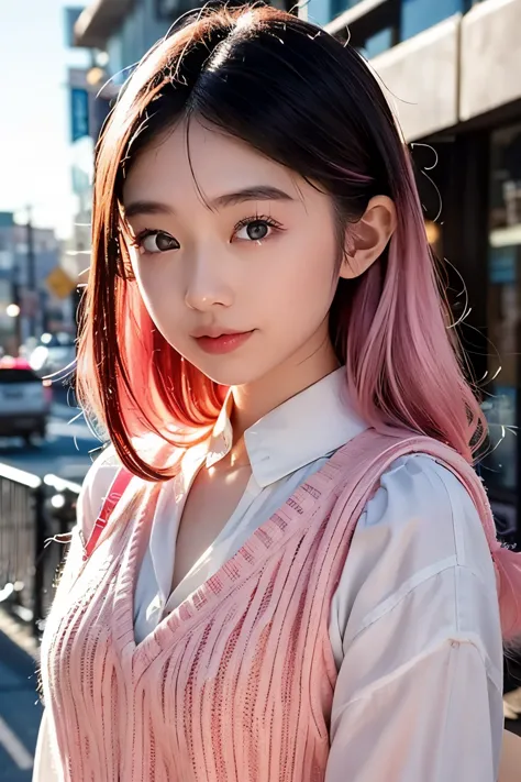 (ogawa noriko), has pink hair、create an image of a cute female fashion model in an urban setting.。her pink hair is bright、it is ...