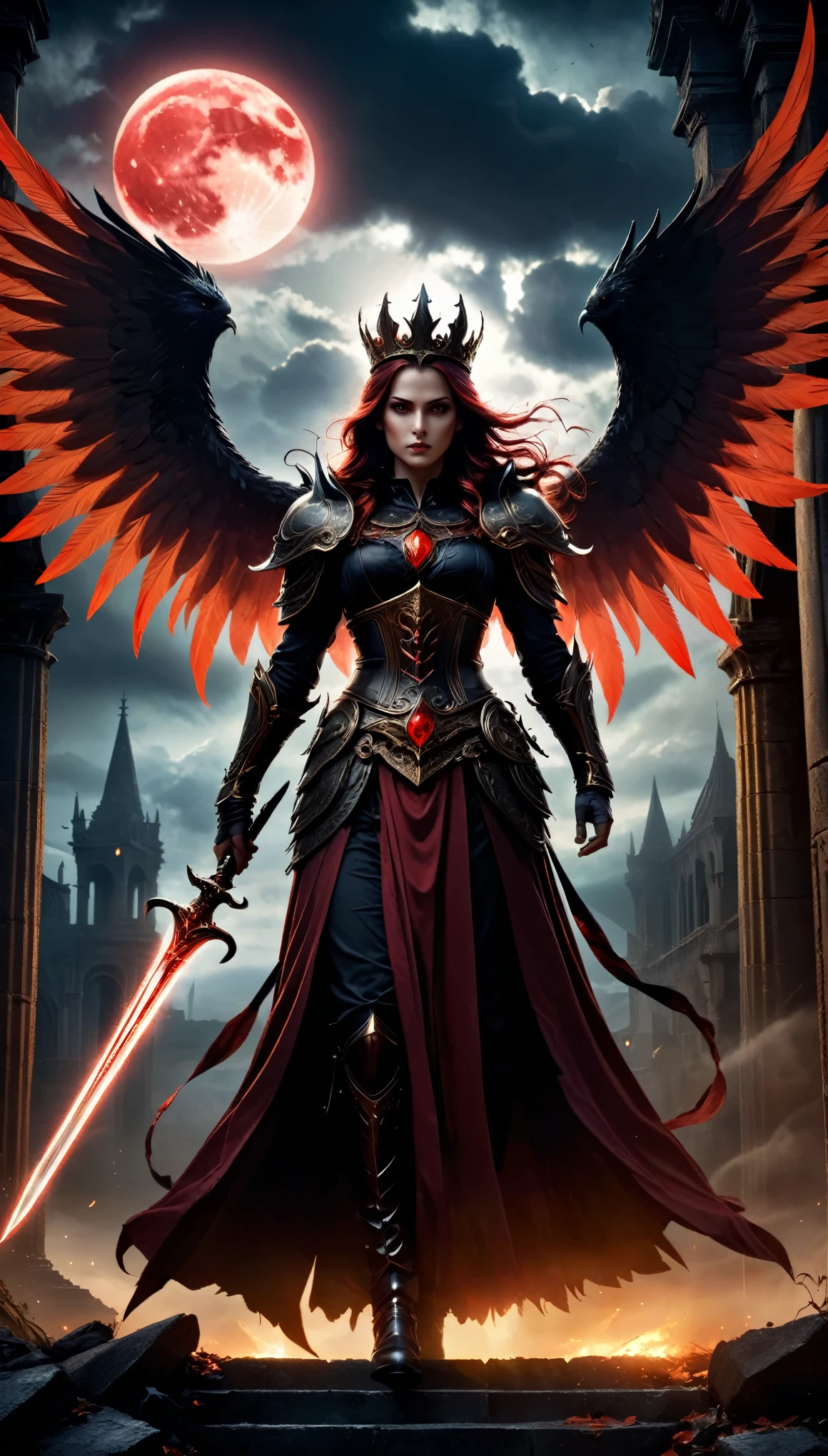 dark fantasy, dark aura, dark angel swordsman, Black armor with gold and bloody red decorations, ultra-detailed, 