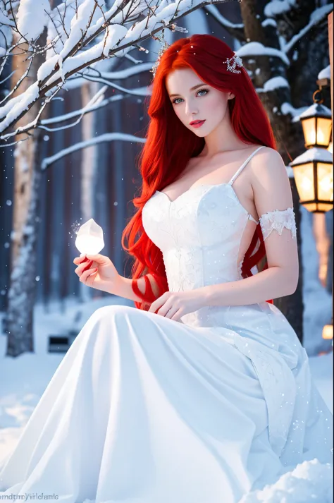 here is a woman with red hair and a white dress sitting in the snow, very long snow colored hair, a sorceress casting a ice ball...