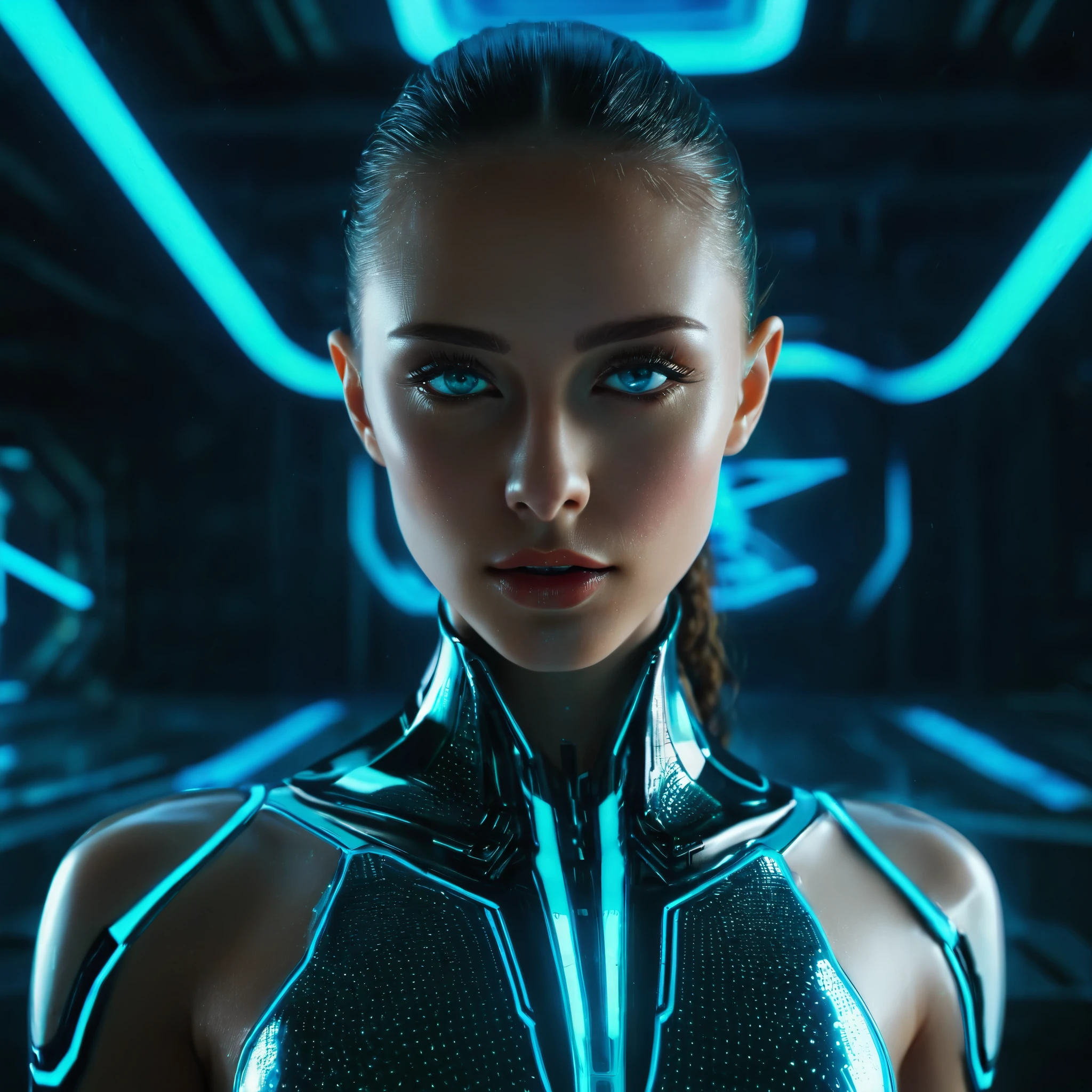 (Highest Quality,4k,8k,Hi-Res,Masterpiece:1.2), Ultra-Detailed, (Realistic,Photorealistic,Photorealistic:1. 37), Highest Quality, Ultra-Detailed, Portrait, World's most beautiful killer android, Beautiful detailed eyes reflecting light, Beautiful detailed lips, Long eyelashes, Robot, pale skin, blue glowing light, shiny metal surface, highly detailed facial features, glossy finish, futuristic, cutting edge technology, science fiction, expressionless, perfectly symmetrical face, dynamic lighting, subtle shadows, neon colors, cyberpunk, high contrast, sharp details, digital art, science fiction concept art, blurred background, strategic composition, striking visual impact, (NSFW: 1. 3)