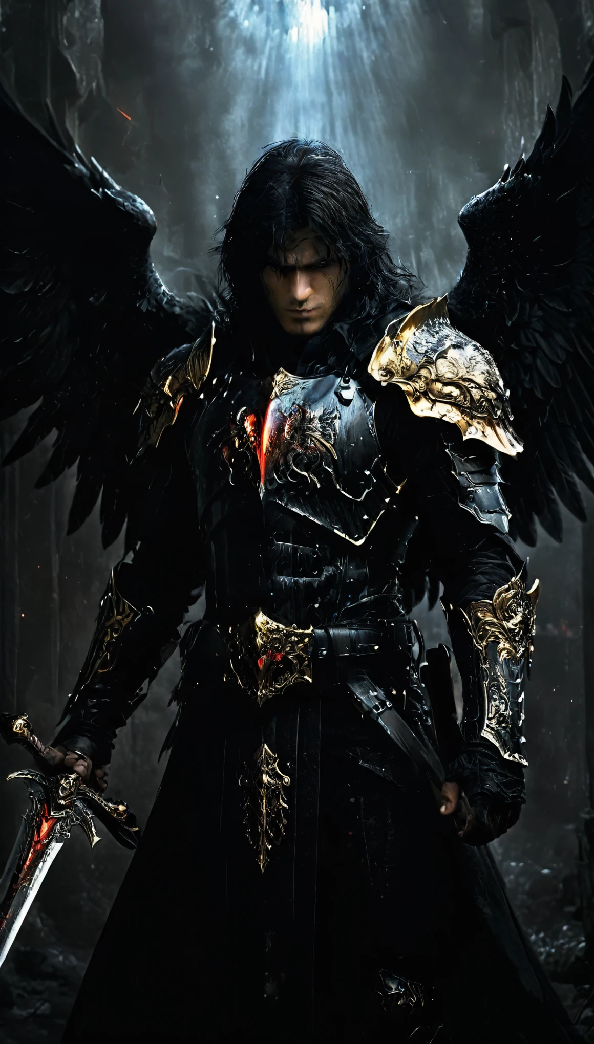 dark fantasy, dark aura, dark angel swordsman, Black armor with gold and bloody red decorations, ultra-detailed, 