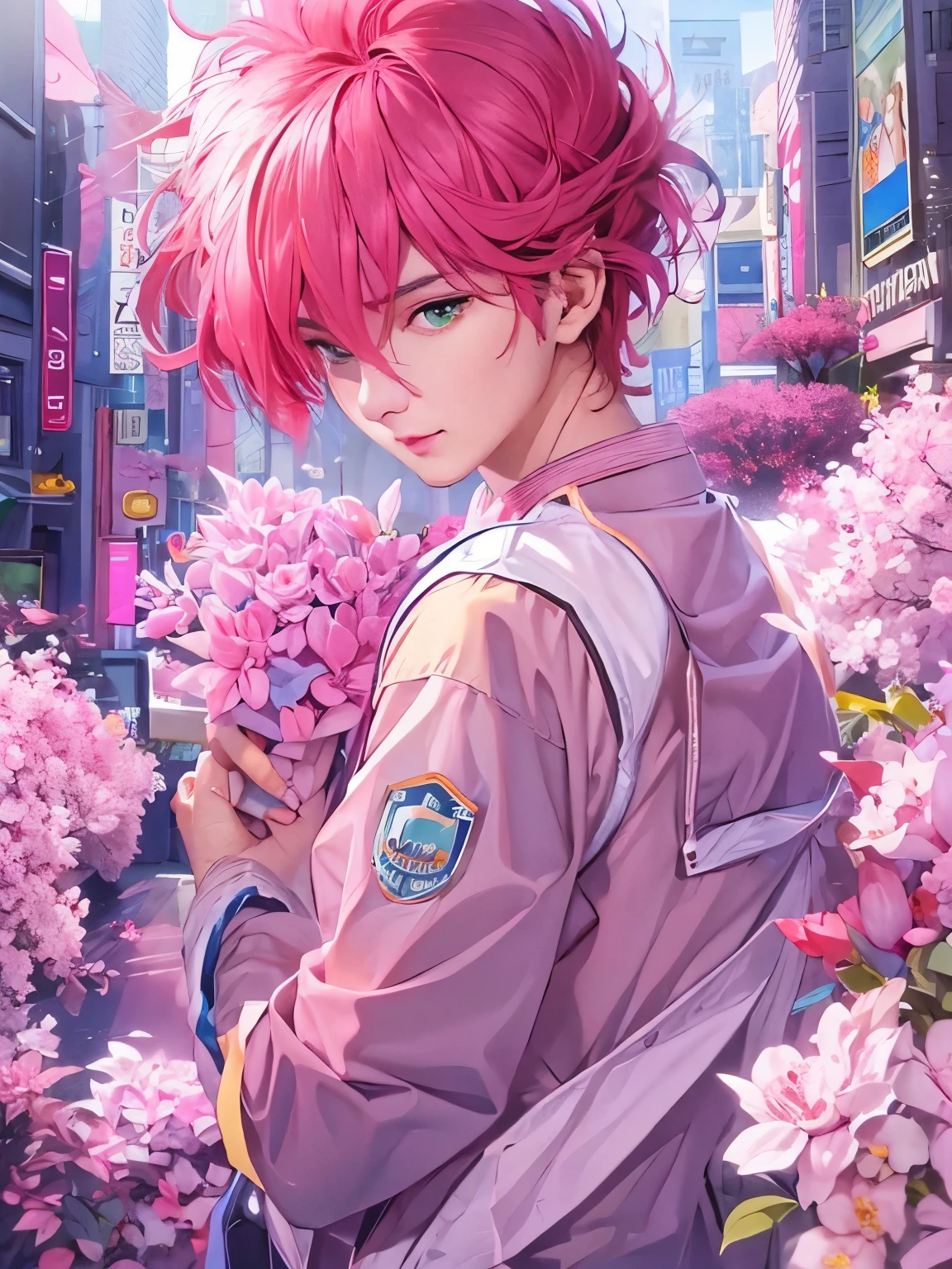 masterpiece, highest quality, One boy, flower, Clamast, Long Hair, Redhead, Green Eyes, Upper Body, alone, pink , pink uniform, Tokyo cityscape background, Realistic