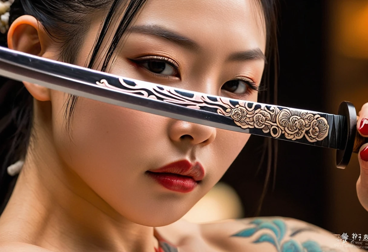 Intricate art capturing the reflection of serene clouds, seemingly suspended, on the mirror-like blade of a Japanese katana, close-up photography brings to light the unique, ultra-sharp focus on this breathtaking visual spectacle, potential grand prize contender at 35awards, background recedes into a graceful bokeh effect, exhibiting an exquisite representation of a Japanese tattooed woman, her artistic tinted skin a testament; complete