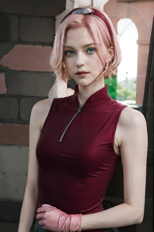 young woman, short shoulder-length pink hair, wide forehead, porcelain skin, pink eyebrows, big emerald green eyes, buttoned nose, full lips, heart-shaped face, slender body, small breasts, red tank top, Sakura Haruno , realistic, realism, details, 3d, well detailed
