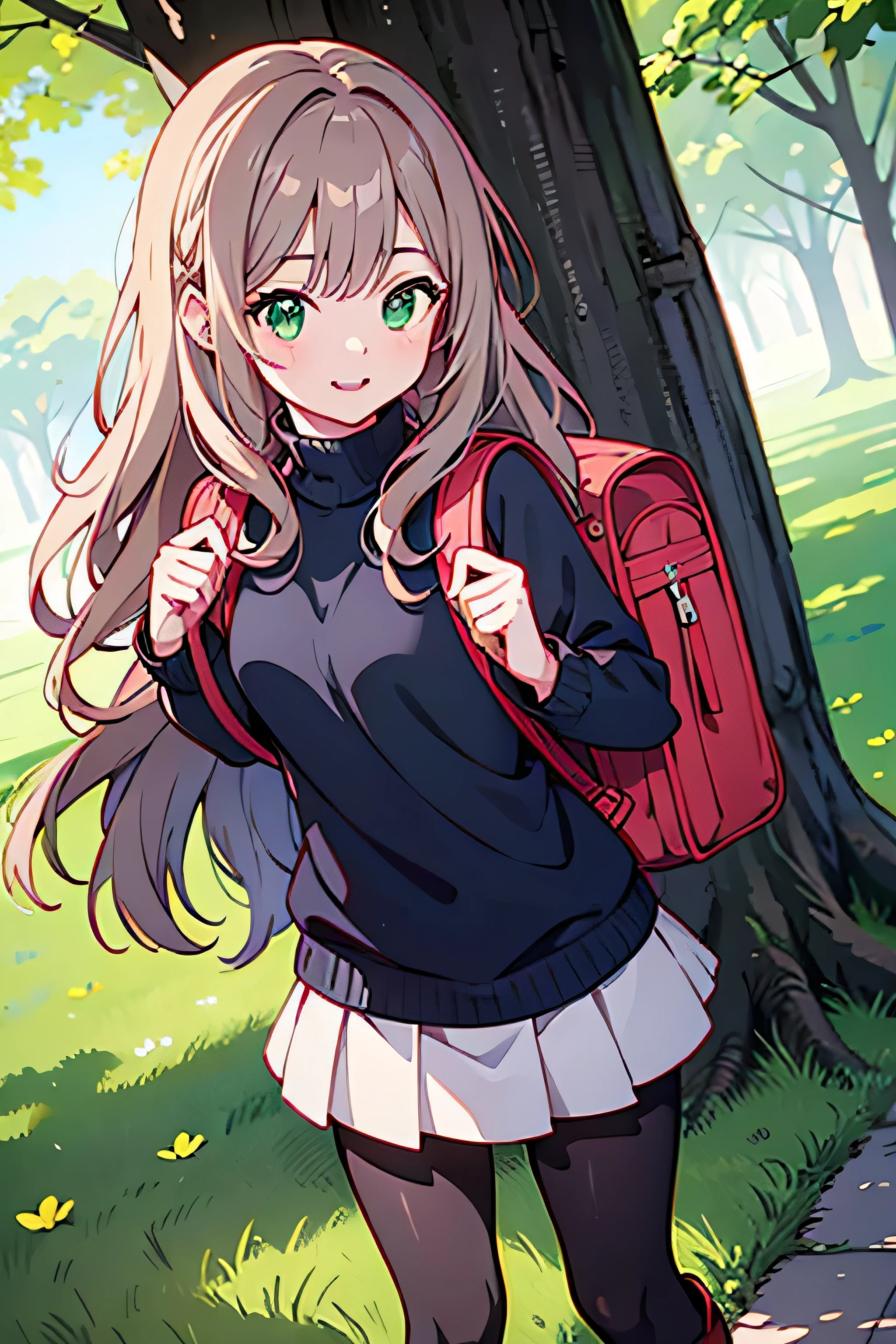 ((best quality)), ((masterpiece)), (detailed), perfect face, cute anime girl, long wavy brown hair, she is standing outdoor, she smile, she is 20 years old, she is wearing turtle neck sweater, she is wearing skirt, she is wearing pantyhose, she is wearing boots, green eyes, she is wearing a backpack, vibrant colors, masterpiece, sharp focus, best quality