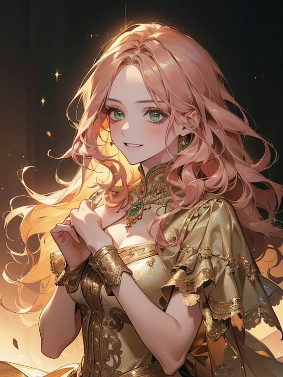 {(best quality, 8k, masterpiece, HDR, soft lighting, perfect image, 1:2 detailed face)} 1 12 year old girl, pink wavy hair, green eyes (light smile) wearing luxurious dress, dreamlike background , details in gold and sparkles