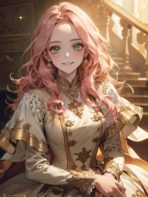 {(best quality, 8k, masterpiece, HDR, soft lighting, perfect image, 1:2 detailed face)} 1 12 year old girl, pink wavy hair, gree...