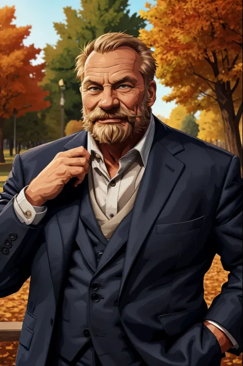 portrait, muscular old man in park, happy, autumn, suits, vector, mwvector