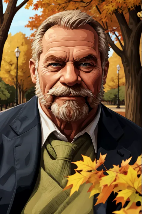 portrait, muscular old man in park, happy, autumn, suits, vector, mwvector