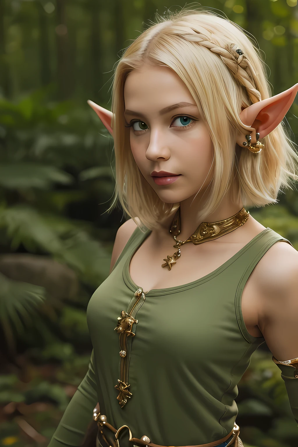 ((ultra quality)), ((masterpiece)), Evangelyne - Wakfu, Wakfu style, ((blonde short hair, evangeline hairstyle)), (Beautiful face), (beautiful female lips), (elven long ears), charming, ((sexy facial expression)), looks at the camera, eyes slightly open, (skin color white), (White skin), glare on the body, ((detailed beautiful female eyes)), ((dark green eyes)), (juicy female lips), (dark eyeliner), (beautiful female hands), ((ideal female figure)), ideal female body, beautiful waist, gorgeous thighs, ((subtle and beautiful)), (close up of face), (black clothes Evangelyne - wakfu season 1, clothes from the first season of the animated series, white top) background: the forest, ((depth of field)), ((high quality clear image)), (clear details), ((high detail)), realistically, professional photo session, ((Clear Focus)), BREAK 
Ultra realistic Professional photography of a elf girl with short blonde hair, of exceptional quality and ultra-high detail level. Her blonde hair is delicately tousled, capturing every strand with remarkable precision. The illustration features a single girl, standing with natural grace. Her vivid green eyes draw the gaze, conveying captivating emotional depth.
BREAK
This artwork is created with a high-end camera, a Canon EOS-1DX Mark III model equipped with a Canon EF 24-70mm f/2.8L II USM lens, providing unparalleled sharpness and resolution. Every detail, from the fold of her clothes to the texture of her skin, is rendered with striking fidelity.
BREAK
The girl is wearing fashionable clothing that highlights her elegant and modern appearance. Adding a touch of mystery and power to her character. This photograph is a true masterpiece, capturing the timeless beauty and captivating grace of the elf girl with exceptional quality and finesse.